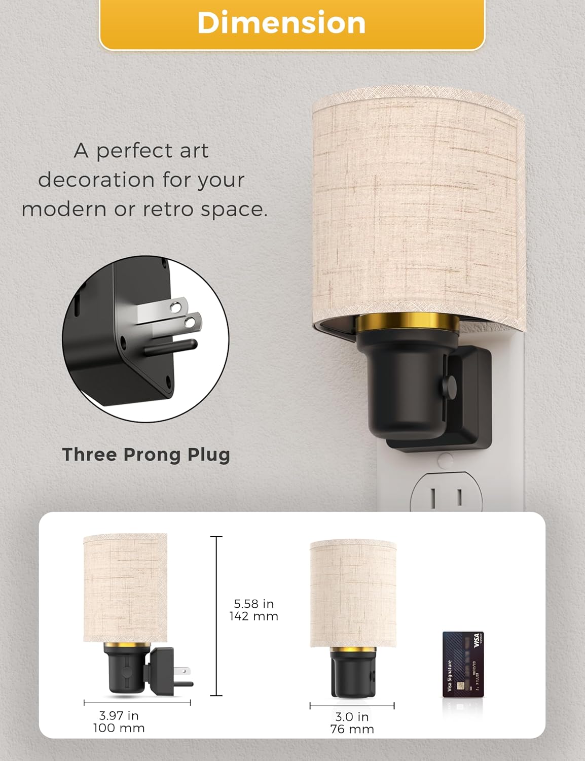 Amber Night Lights Plug into Wall, Plug in Night Light Dimmable, Farmhouse Decorative Nightlights Plug in Wall, Light Sensor, Linen Fabric Yellow Nightlight for Bedroom Hallway, 1 Pack