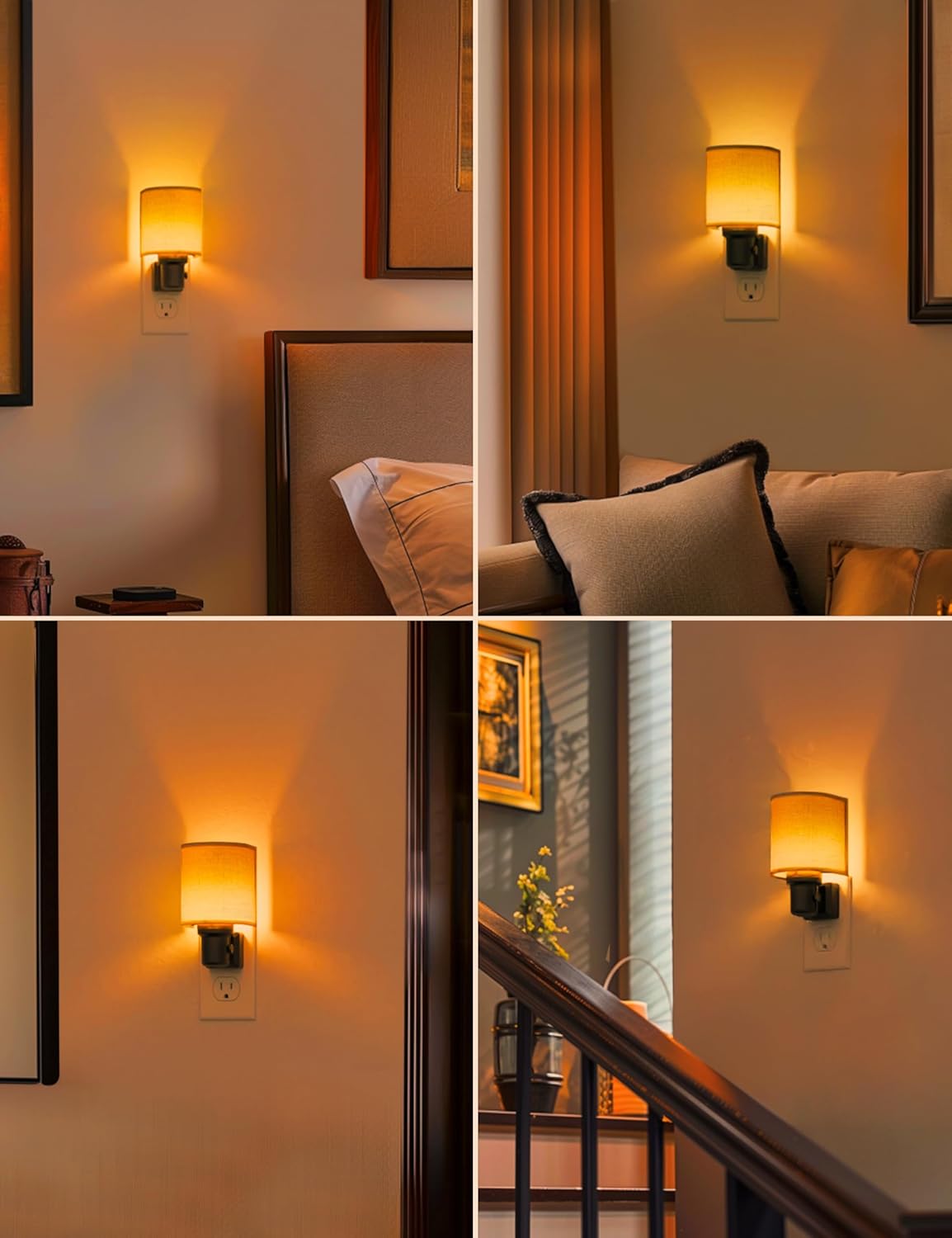 Amber Night Lights Plug into Wall, Plug in Night Light Dimmable, Farmhouse Decorative Nightlights Plug in Wall, Light Sensor, Linen Fabric Yellow Nightlight for Bedroom Hallway, 1 Pack