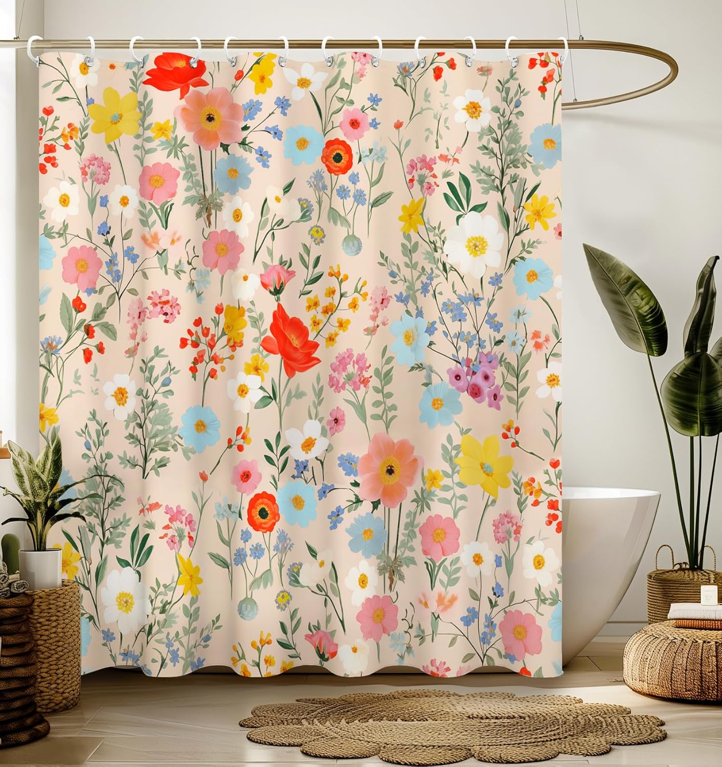 Shower Curtain for Bathroom Stall Boho Modern Cute Aesthetic Decorative Girly Waterproof Unique Yellow Floral Girls Chic Print Design Teen Pretty Women Cortinas de Baño Bathtub 72 x72 Inch