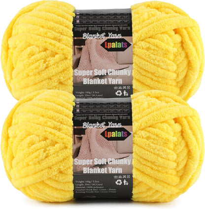 Bright Yellow Super Bulky Chunky Chenille Yarn - 2 Pack of 200g/7oz - 100% Polyester - 76 Yards - Soft Plush Thick Yarn for Knitting, Crocheting & Quick Blanket Projects
