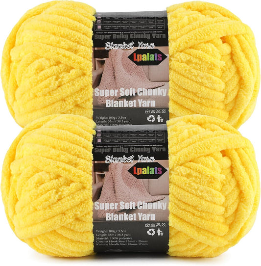 Bright Yellow Super Bulky Chunky Chenille Yarn - 2 Pack of 200g/7oz - 100% Polyester - 76 Yards - Soft Plush Thick Yarn for Knitting, Crocheting & Quick Blanket Projects