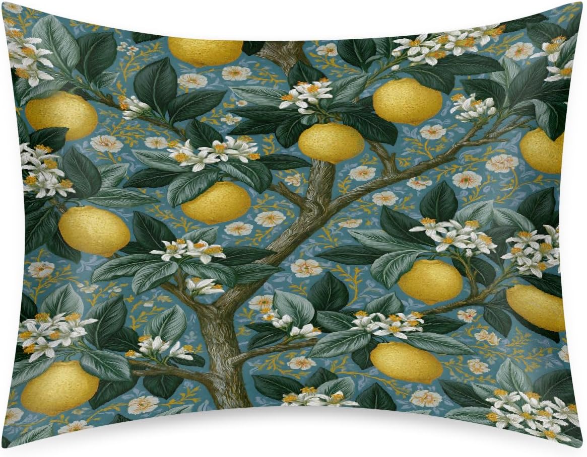 Lemon Satin Silk Pillowcase for Hair and Skin Pillow Cases Standard Size | Yellow Fruit Flower Soft Silk Pillow Case with Envelope Closure Print Satin Cooling Pillow Covers for Women Men (20x26)