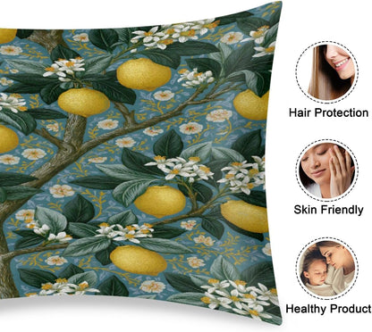 Lemon Satin Silk Pillowcase for Hair and Skin Pillow Cases Standard Size | Yellow Fruit Flower Soft Silk Pillow Case with Envelope Closure Print Satin Cooling Pillow Covers for Women Men (20x26)