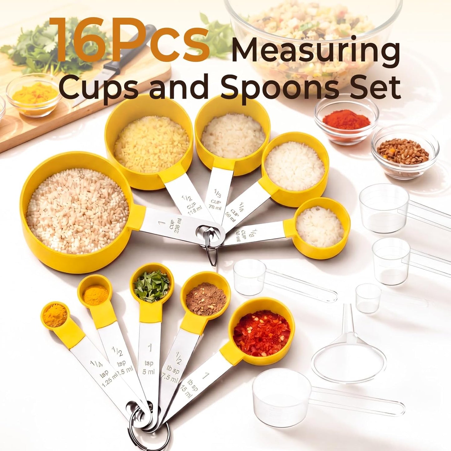 16PCS Measuring Cups and Spoons Set, Measuring Spoon Set with Metric and US Measurements, Fits for Measuring Dry and Liquid (Yellow)