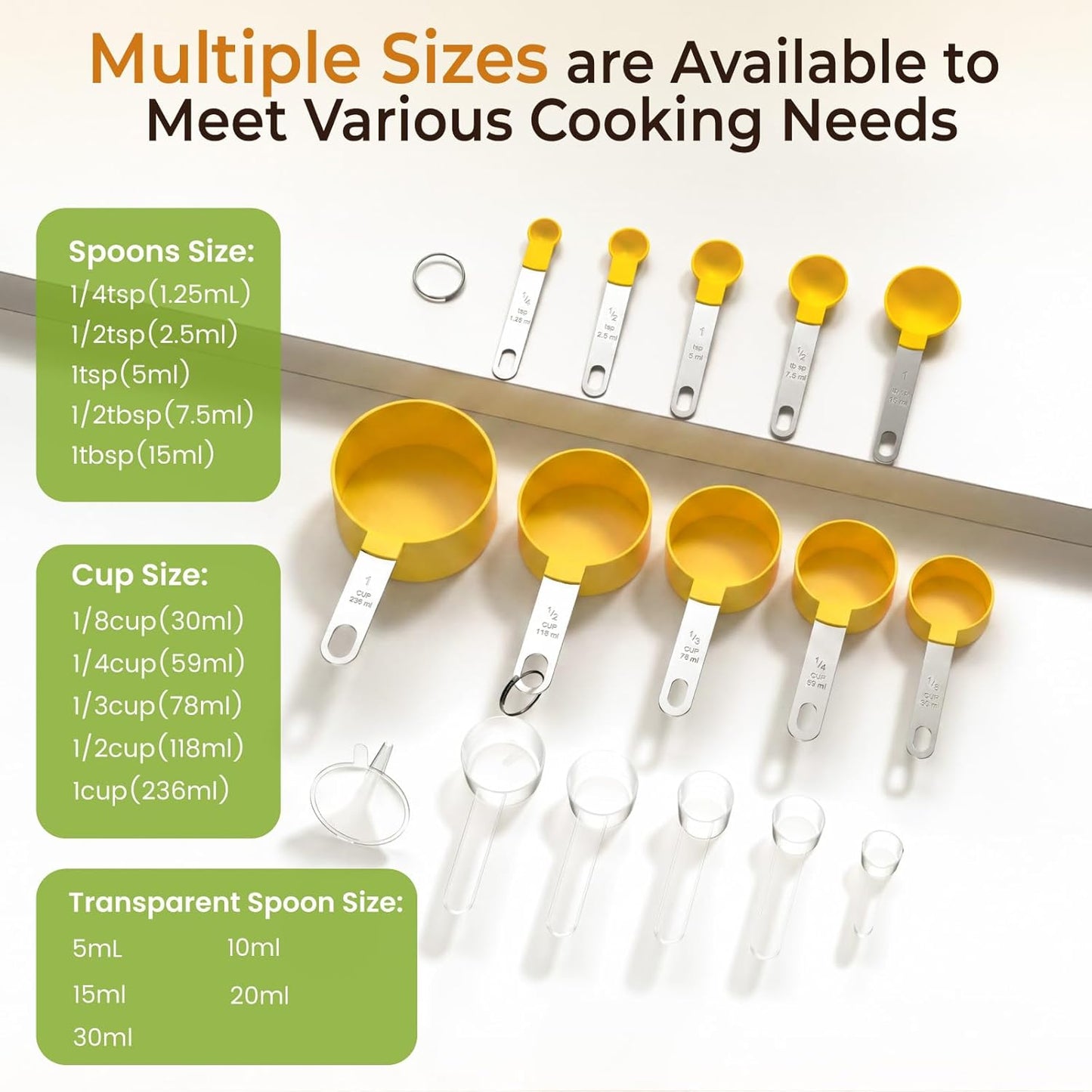 16PCS Measuring Cups and Spoons Set, Measuring Spoon Set with Metric and US Measurements, Fits for Measuring Dry and Liquid (Yellow)