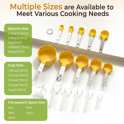 16PCS Measuring Cups and Spoons Set, Measuring Spoon Set with Metric and US Measurements, Fits for Measuring Dry and Liquid (Yellow)