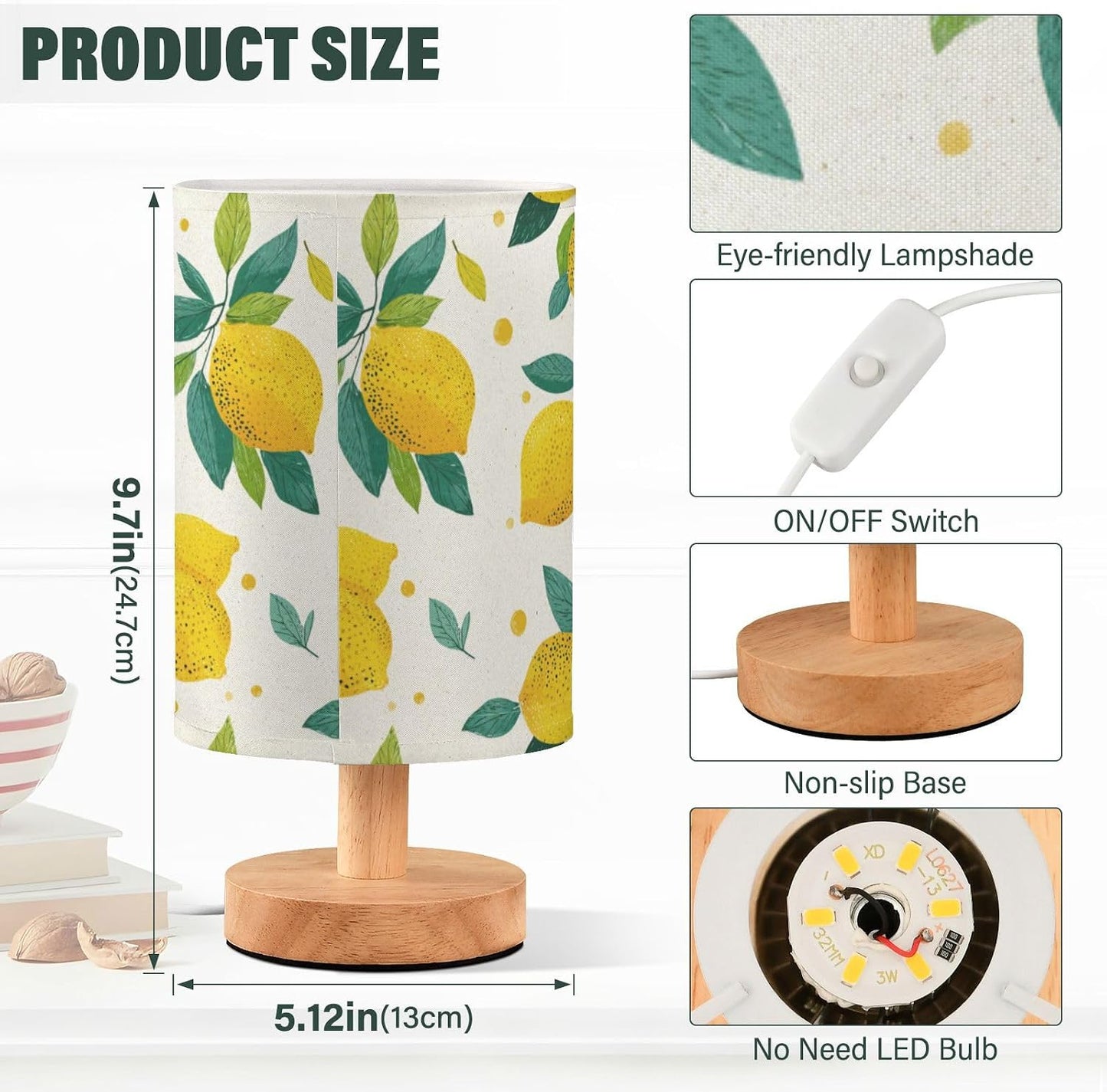 Bedside Table Lamp Lemon Yellow Citrus Fruits (93) Kids Nightstand Lamp Night Light Fabric Shade for Bedroom Living Room Home Office