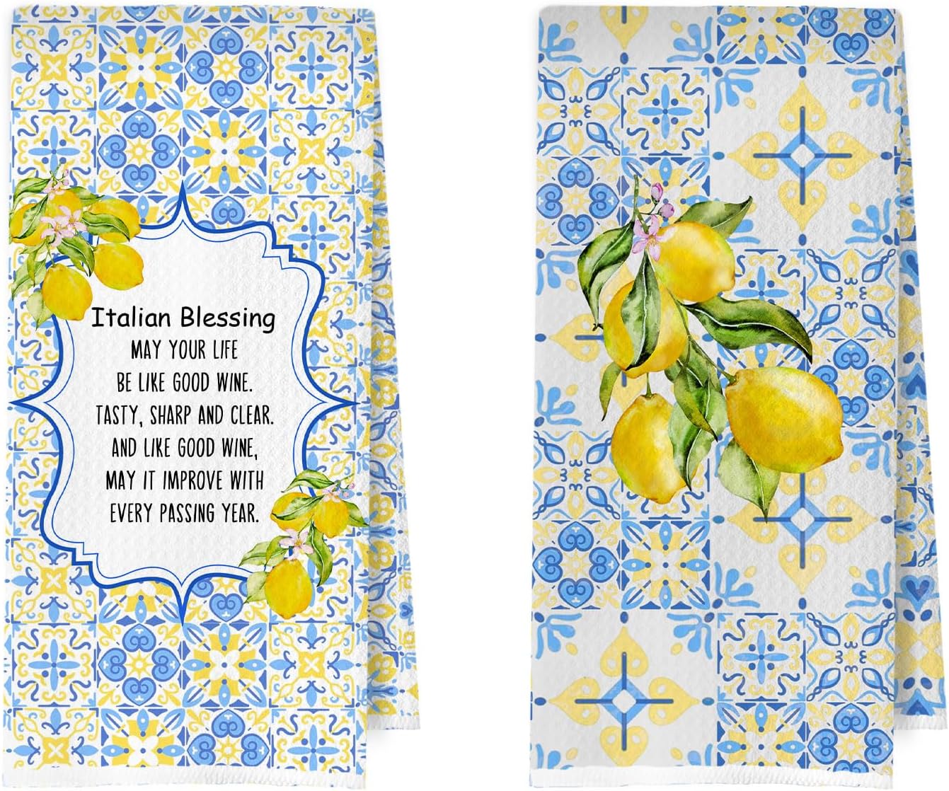 Italian Blessing Kitchen Towels Set - Italy Lemon Gifts Waffle Weave Decorative Dish Towels, Retro Italian Mediterranean Tile Hand Towel, Lemons Floral Tea Towel, 16x24 Inches Set of 2