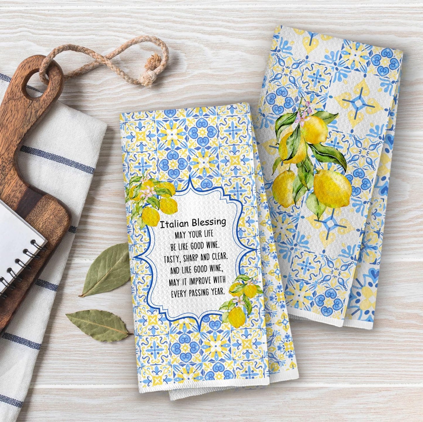 Italian Blessing Kitchen Towels Set - Italy Lemon Gifts Waffle Weave Decorative Dish Towels, Retro Italian Mediterranean Tile Hand Towel, Lemons Floral Tea Towel, 16x24 Inches Set of 2