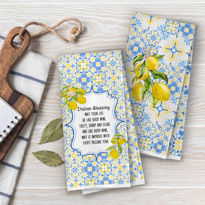 Italian Blessing Kitchen Towels Set - Italy Lemon Gifts Waffle Weave Decorative Dish Towels, Retro Italian Mediterranean Tile Hand Towel, Lemons Floral Tea Towel, 16x24 Inches Set of 2