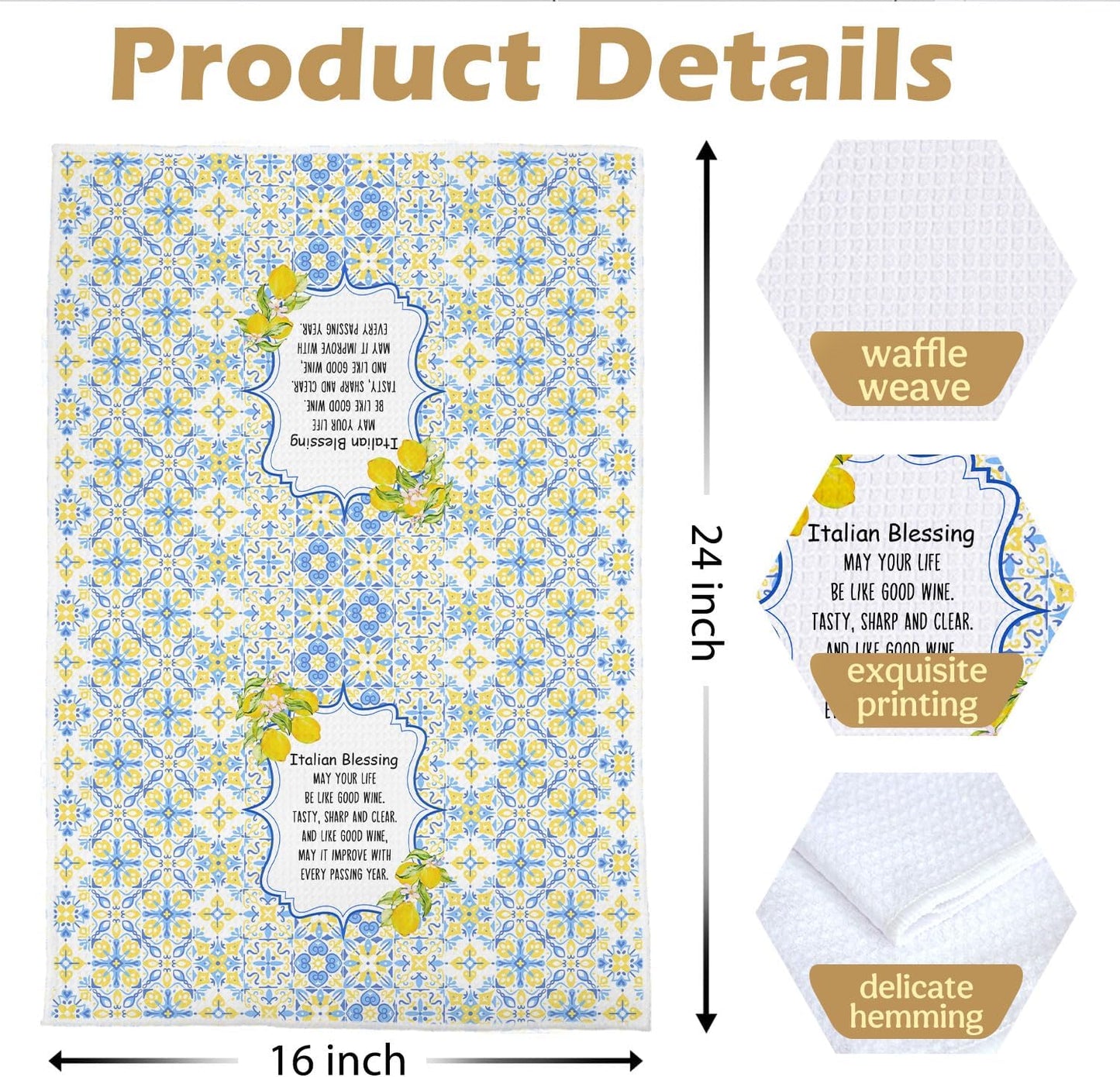 Italian Blessing Kitchen Towels Set - Italy Lemon Gifts Waffle Weave Decorative Dish Towels, Retro Italian Mediterranean Tile Hand Towel, Lemons Floral Tea Towel, 16x24 Inches Set of 2