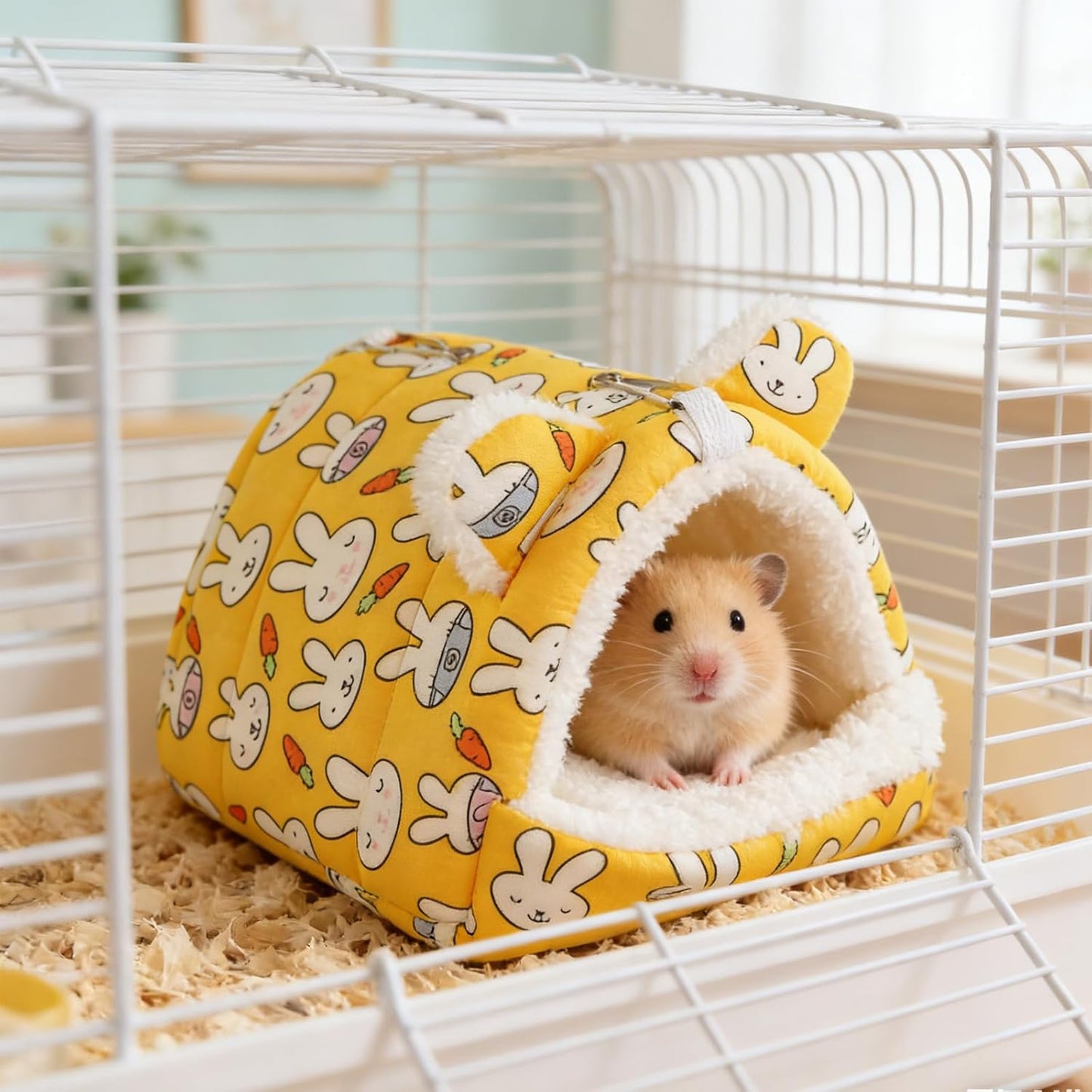 Guinea Pig Hideout, Cute and Cozy Hamster Bed Warm Small Animal Beds with 2 Hooks for Hamster Guinea Pig Dwarf Rabbit (Yellow)