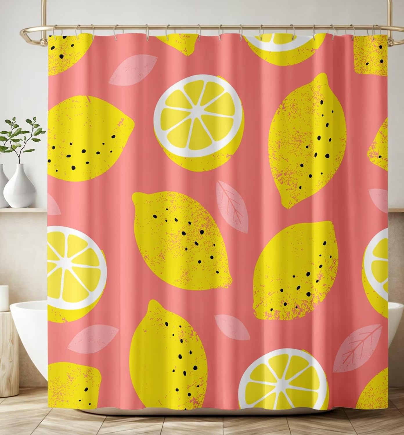 Lemon Shower Curtain Summer Fresh Fruit Pink Yellow Art Print Waterproof Bath Curtain for Bathroom Decor with 12 Hooks 72x84 Inch