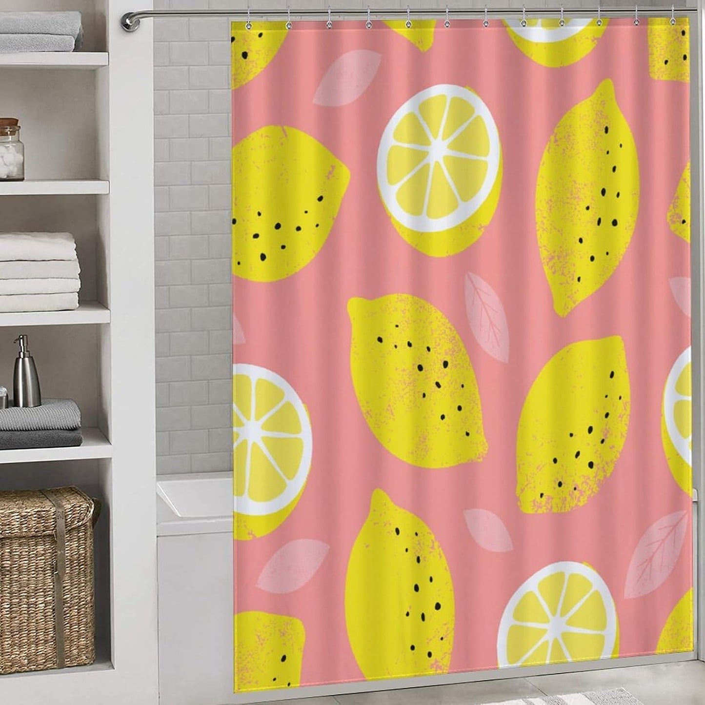 Lemon Shower Curtain Summer Fresh Fruit Pink Yellow Art Print Waterproof Bath Curtain for Bathroom Decor with 12 Hooks 72x84 Inch