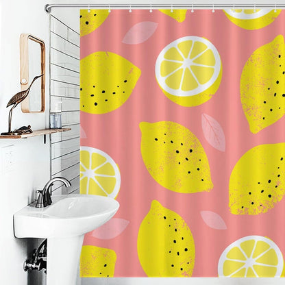 Lemon Shower Curtain Summer Fresh Fruit Pink Yellow Art Print Waterproof Bath Curtain for Bathroom Decor with 12 Hooks 72x84 Inch
