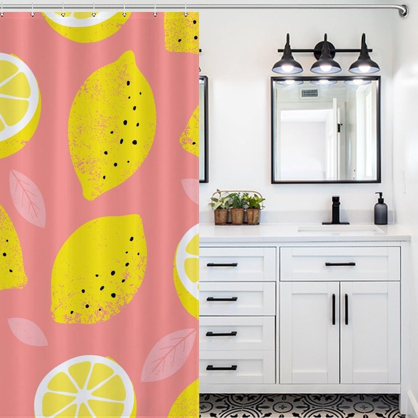 Lemon Shower Curtain Summer Fresh Fruit Pink Yellow Art Print Waterproof Bath Curtain for Bathroom Decor with 12 Hooks 72x84 Inch
