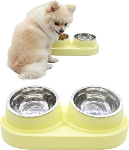 Non-Slip Tilted Double Dog & Cat Bowl with Removable Inserts, Anti-Tip Dual Food and Water Feeder for Small Dogs and Cats, Easy to Clean (Pastel Yellow)