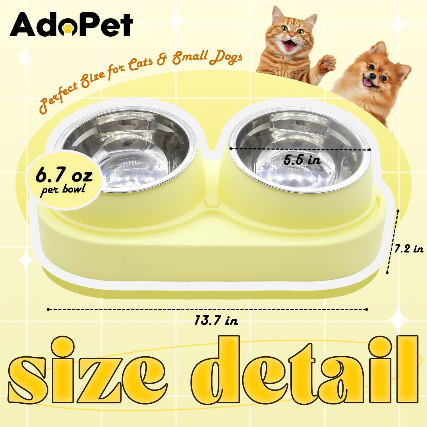 Non-Slip Tilted Double Dog & Cat Bowl with Removable Inserts, Anti-Tip Dual Food and Water Feeder for Small Dogs and Cats, Easy to Clean (Pastel Yellow)