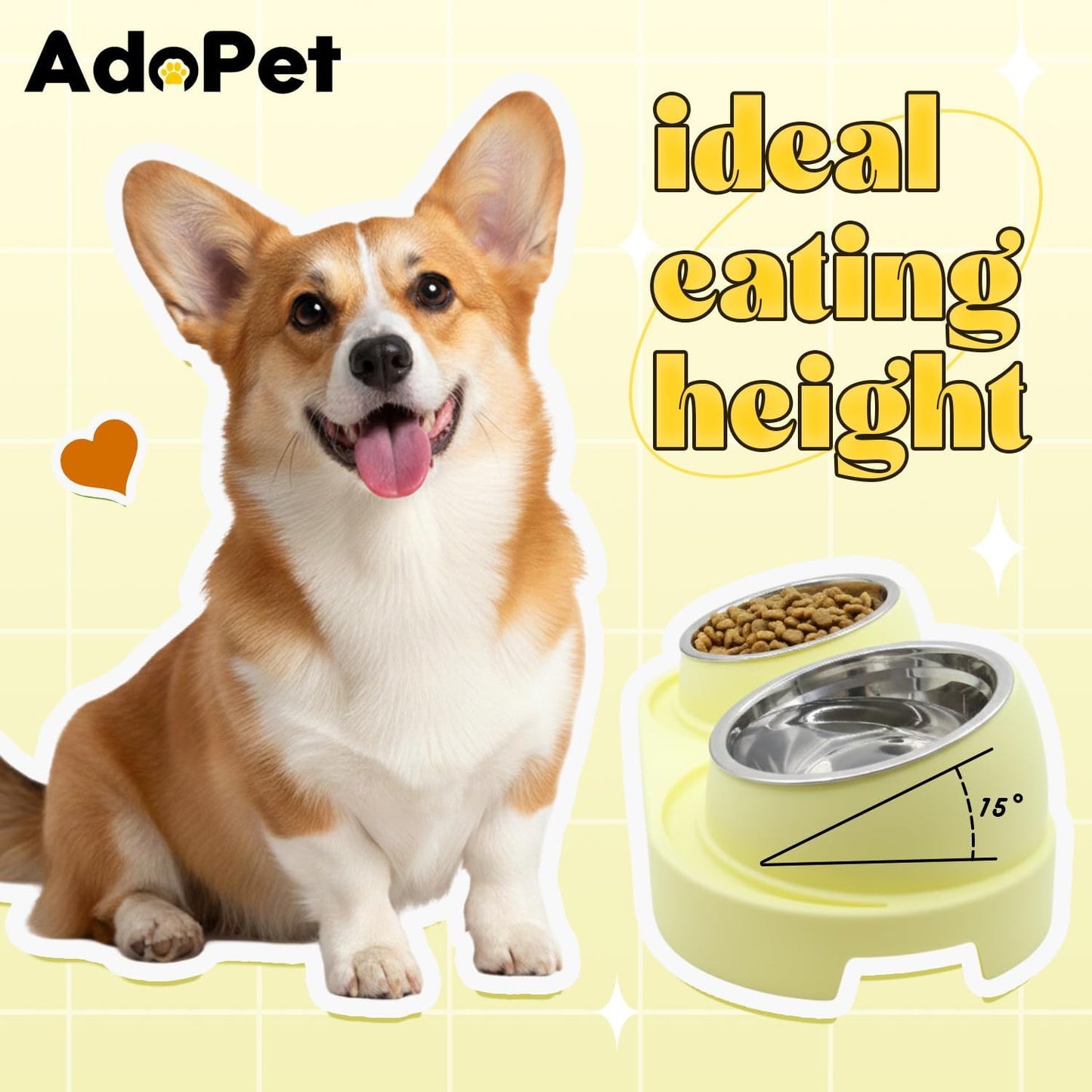 Non-Slip Tilted Double Dog & Cat Bowl with Removable Inserts, Anti-Tip Dual Food and Water Feeder for Small Dogs and Cats, Easy to Clean (Pastel Yellow)