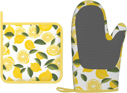 Oven Mitts and Potholders Watercolor Lemon Leaf Silicone Glove Heat Resistant, Kitchen Gloves for Cooking, 2-Piece Set
