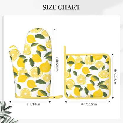Oven Mitts and Potholders Watercolor Lemon Leaf Silicone Glove Heat Resistant, Kitchen Gloves for Cooking, 2-Piece Set