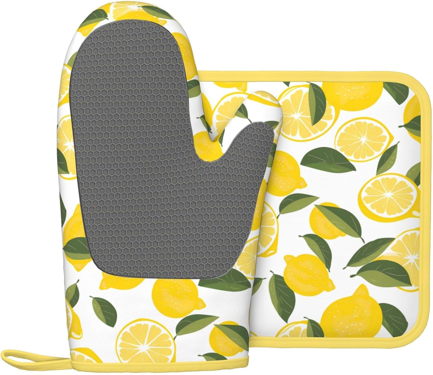 Oven Mitts and Potholders Watercolor Lemon Leaf Silicone Glove Heat Resistant, Kitchen Gloves for Cooking, 2-Piece Set