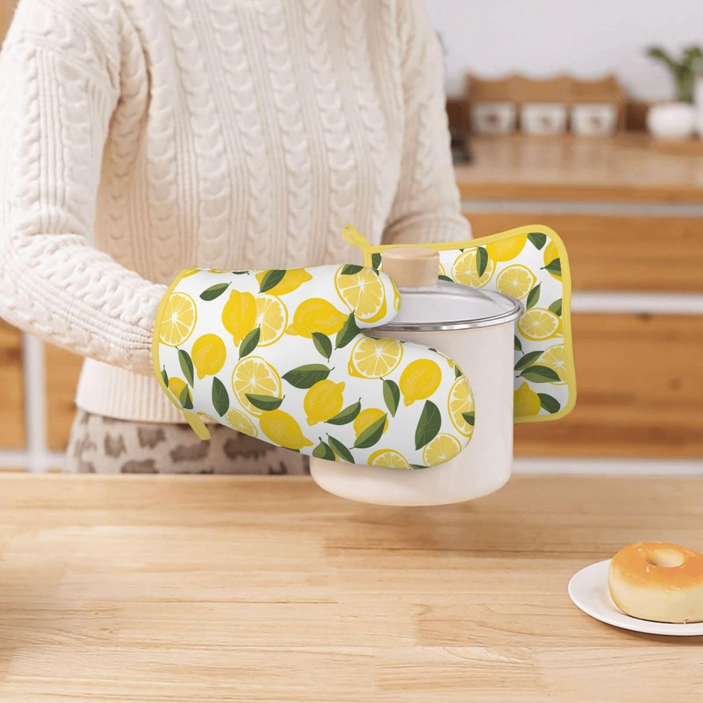 Oven Mitts and Potholders Watercolor Lemon Leaf Silicone Glove Heat Resistant, Kitchen Gloves for Cooking, 2-Piece Set