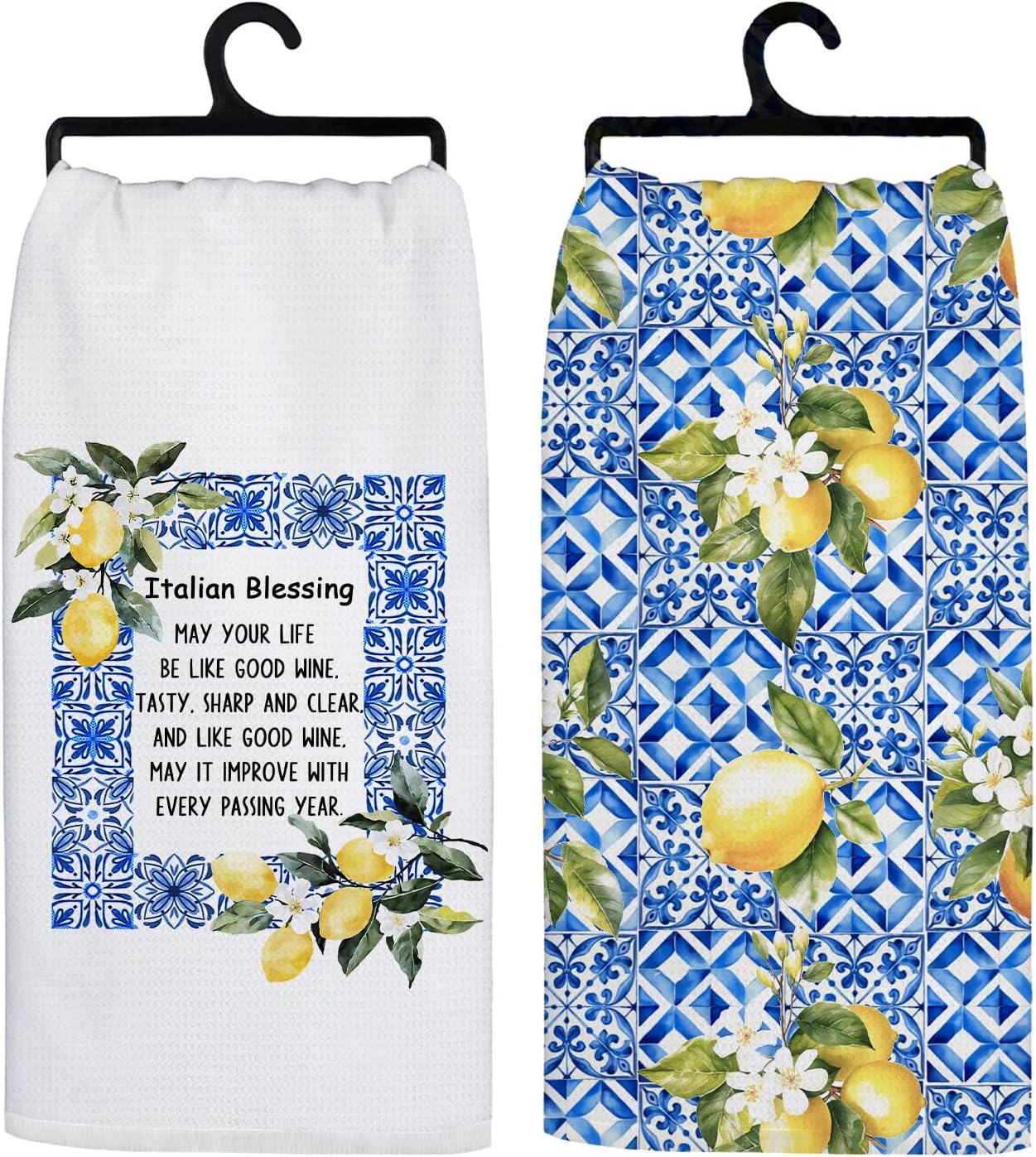 Italian Lemon Kitchen Towels, Italian Blessing Mediterranean Tiles Decorative Hand Towels for Bathroom, Summer Lemon Floral Dish Tea Towel for Kitchen Decor, 16x24 Inch Set of 2