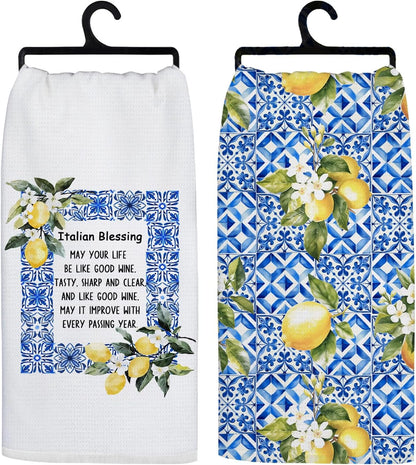 Italian Lemon Kitchen Towels, Italian Blessing Mediterranean Tiles Decorative Hand Towels for Bathroom, Summer Lemon Floral Dish Tea Towel for Kitchen Decor, 16x24 Inch Set of 2