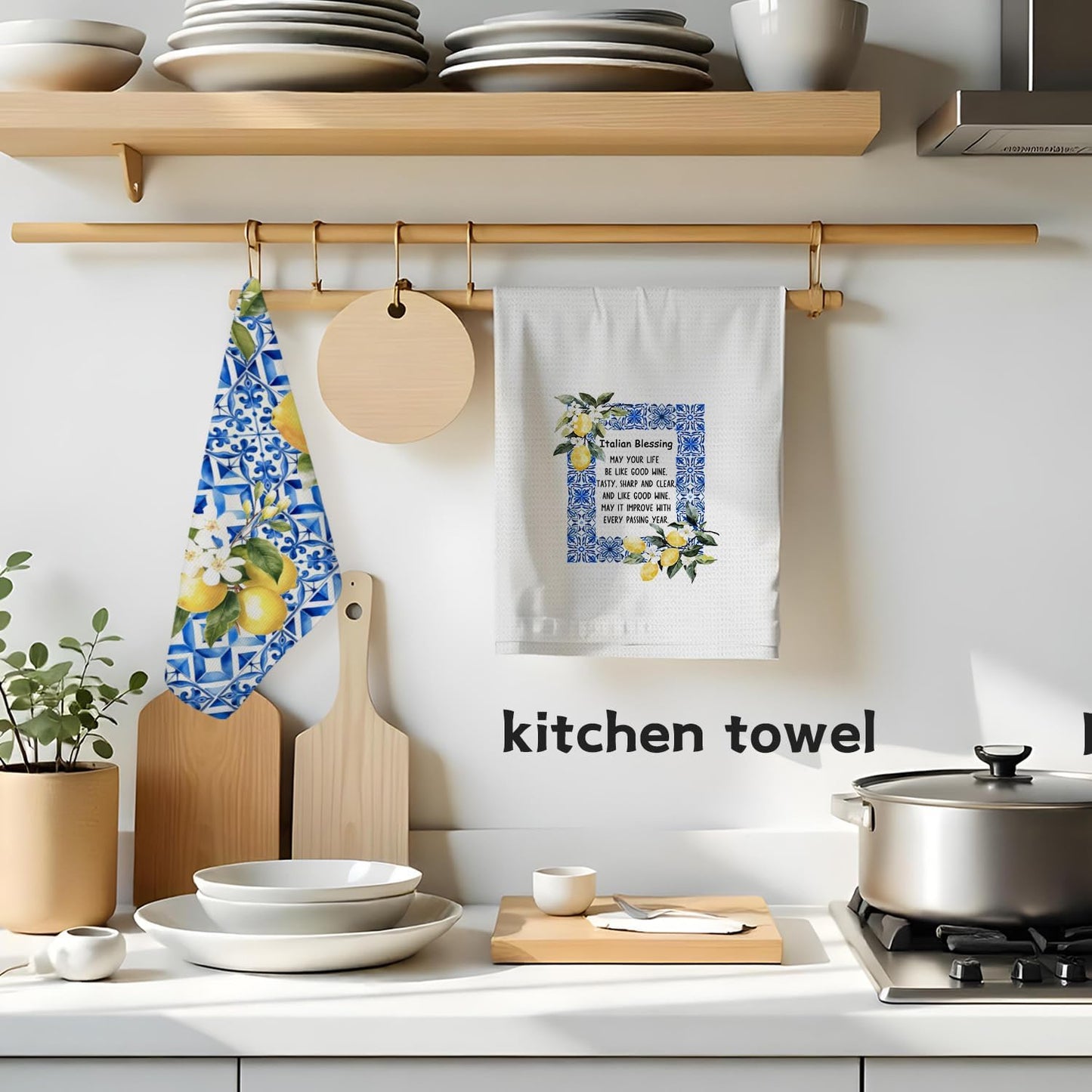 Italian Lemon Kitchen Towels, Italian Blessing Mediterranean Tiles Decorative Hand Towels for Bathroom, Summer Lemon Floral Dish Tea Towel for Kitchen Decor, 16x24 Inch Set of 2