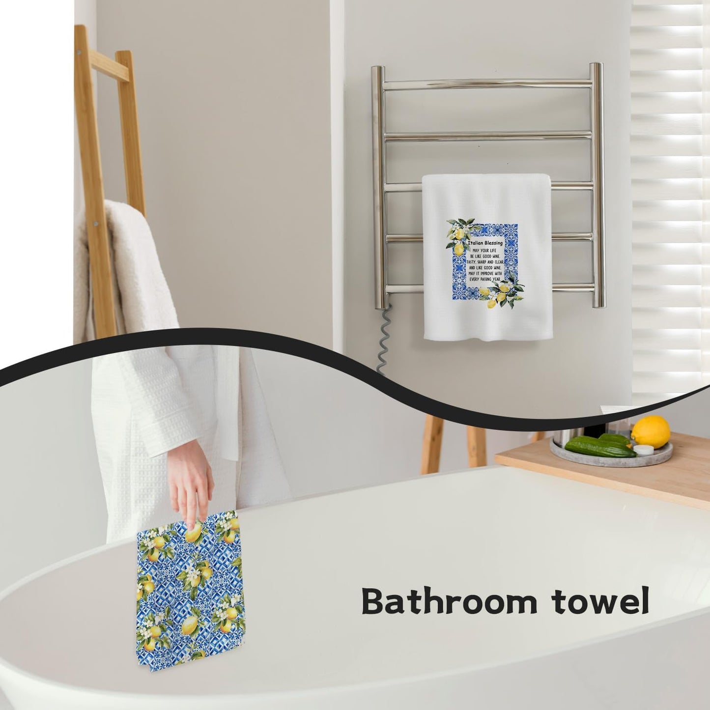Italian Lemon Kitchen Towels, Italian Blessing Mediterranean Tiles Decorative Hand Towels for Bathroom, Summer Lemon Floral Dish Tea Towel for Kitchen Decor, 16x24 Inch Set of 2
