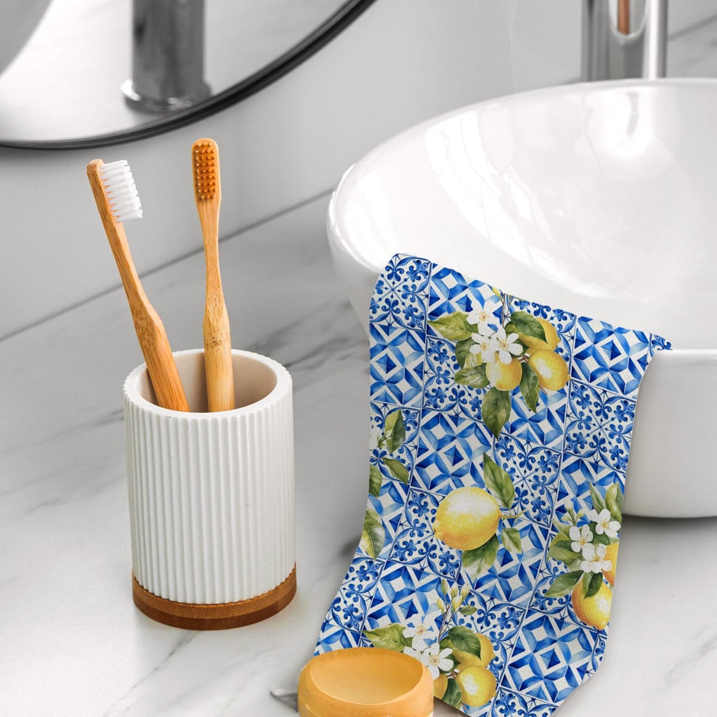 Italian Lemon Kitchen Towels, Italian Blessing Mediterranean Tiles Decorative Hand Towels for Bathroom, Summer Lemon Floral Dish Tea Towel for Kitchen Decor, 16x24 Inch Set of 2