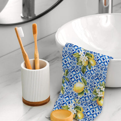 Italian Lemon Kitchen Towels, Italian Blessing Mediterranean Tiles Decorative Hand Towels for Bathroom, Summer Lemon Floral Dish Tea Towel for Kitchen Decor, 16x24 Inch Set of 2
