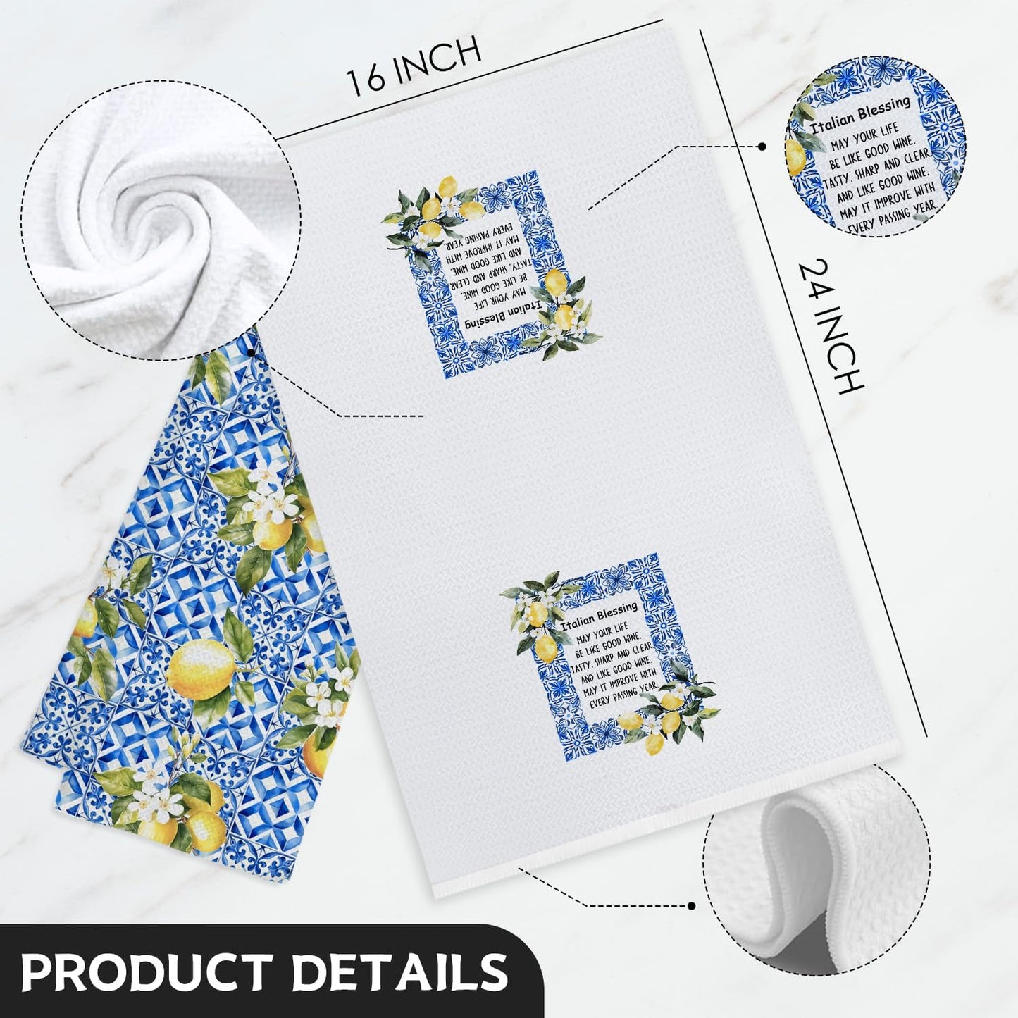 Italian Lemon Kitchen Towels, Italian Blessing Mediterranean Tiles Decorative Hand Towels for Bathroom, Summer Lemon Floral Dish Tea Towel for Kitchen Decor, 16x24 Inch Set of 2