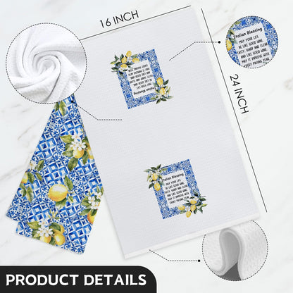 Italian Lemon Kitchen Towels, Italian Blessing Mediterranean Tiles Decorative Hand Towels for Bathroom, Summer Lemon Floral Dish Tea Towel for Kitchen Decor, 16x24 Inch Set of 2