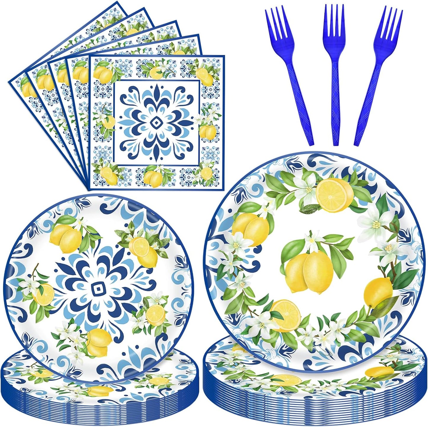 100 Pieces Mediterranean Citrus Party Tableware Set – Blue White Lemon Plates, Napkins and Forks, Disposable Dinnerware for Summer Birthday, Bridal Shower, Tea Party and Garden Party Supplies