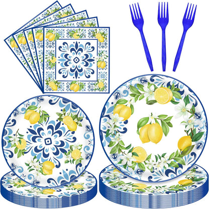 100 Pieces Mediterranean Citrus Party Tableware Set – Blue White Lemon Plates, Napkins and Forks, Disposable Dinnerware for Summer Birthday, Bridal Shower, Tea Party and Garden Party Supplies
