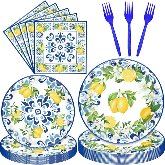 100 Pieces Mediterranean Citrus Party Tableware Set – Blue White Lemon Plates, Napkins and Forks, Disposable Dinnerware for Summer Birthday, Bridal Shower, Tea Party and Garden Party Supplies