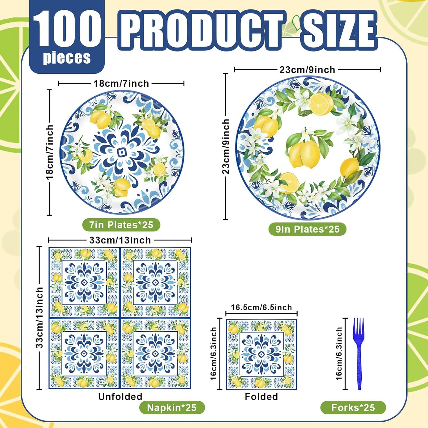 100 Pieces Mediterranean Citrus Party Tableware Set – Blue White Lemon Plates, Napkins and Forks, Disposable Dinnerware for Summer Birthday, Bridal Shower, Tea Party and Garden Party Supplies
