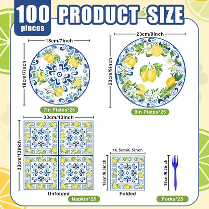 100 Pieces Mediterranean Citrus Party Tableware Set – Blue White Lemon Plates, Napkins and Forks, Disposable Dinnerware for Summer Birthday, Bridal Shower, Tea Party and Garden Party Supplies