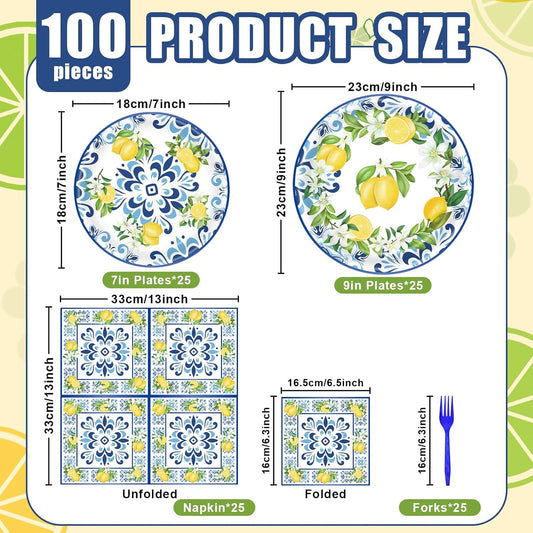 100 Pieces Mediterranean Citrus Party Tableware Set – Blue White Lemon Plates, Napkins and Forks, Disposable Dinnerware for Summer Birthday, Bridal Shower, Tea Party and Garden Party Supplies