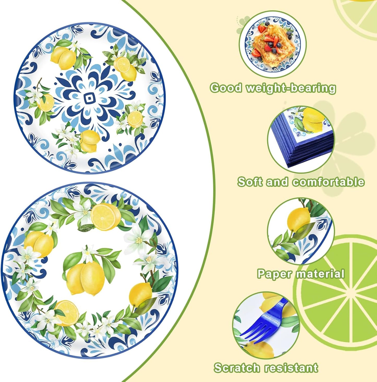 100 Pieces Mediterranean Citrus Party Tableware Set – Blue White Lemon Plates, Napkins and Forks, Disposable Dinnerware for Summer Birthday, Bridal Shower, Tea Party and Garden Party Supplies