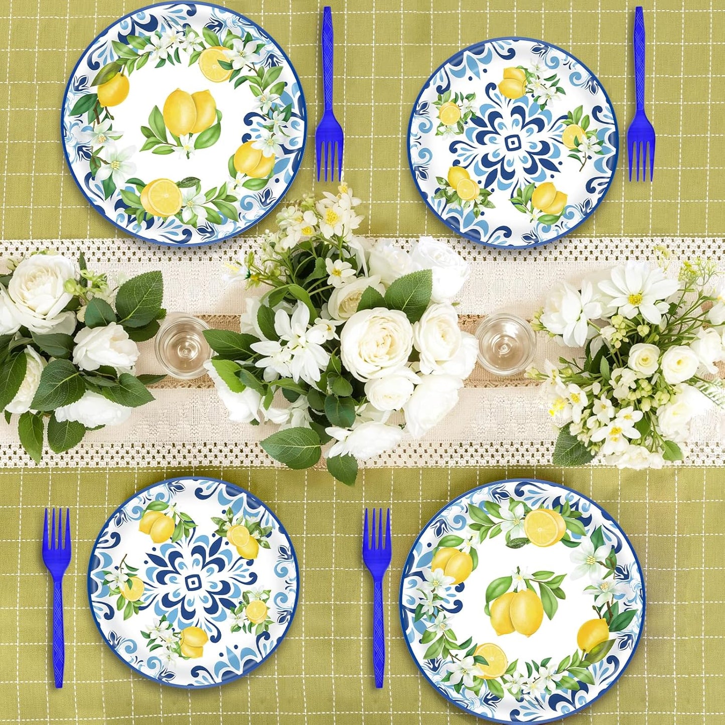 100 Pieces Mediterranean Citrus Party Tableware Set – Blue White Lemon Plates, Napkins and Forks, Disposable Dinnerware for Summer Birthday, Bridal Shower, Tea Party and Garden Party Supplies