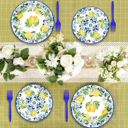 100 Pieces Mediterranean Citrus Party Tableware Set – Blue White Lemon Plates, Napkins and Forks, Disposable Dinnerware for Summer Birthday, Bridal Shower, Tea Party and Garden Party Supplies