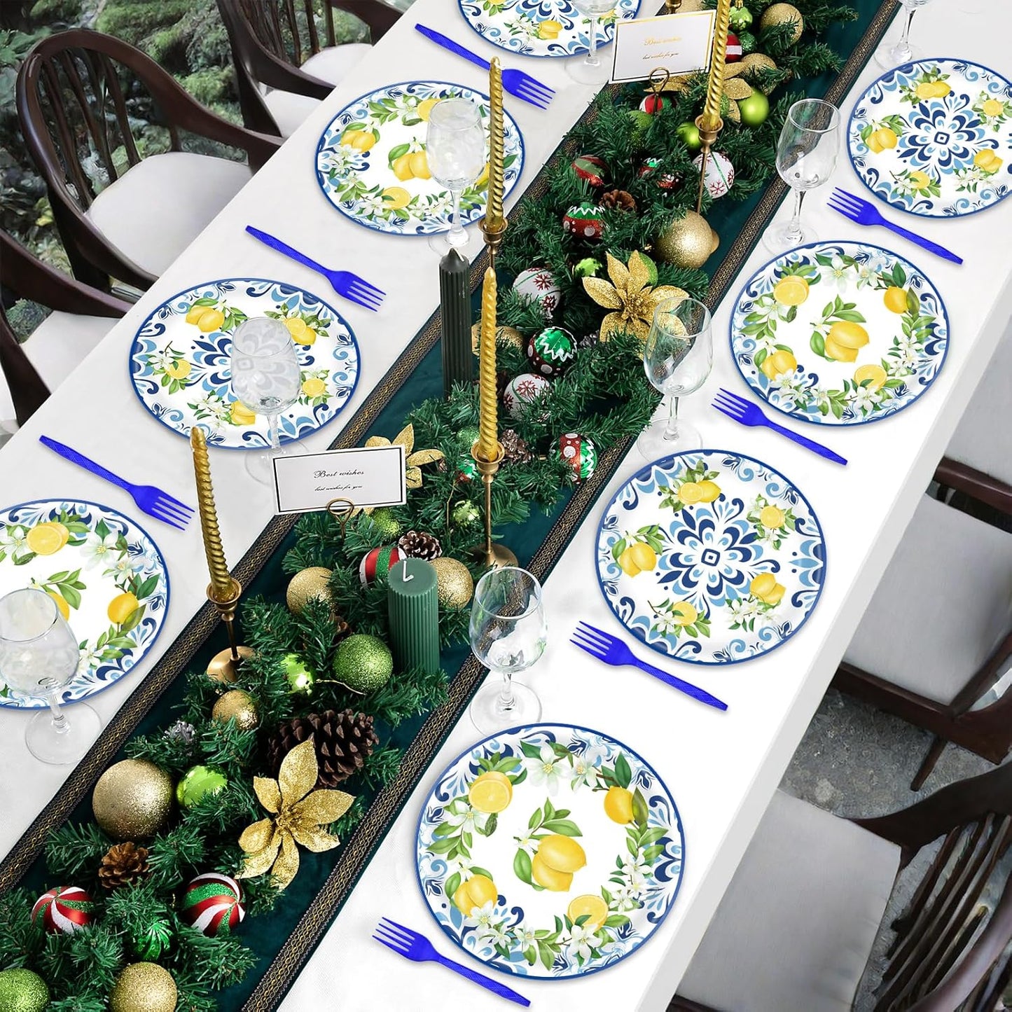 100 Pieces Mediterranean Citrus Party Tableware Set – Blue White Lemon Plates, Napkins and Forks, Disposable Dinnerware for Summer Birthday, Bridal Shower, Tea Party and Garden Party Supplies