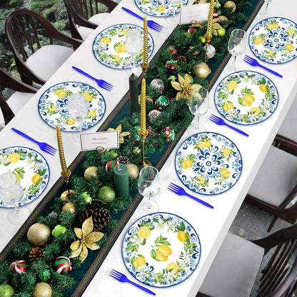 100 Pieces Mediterranean Citrus Party Tableware Set – Blue White Lemon Plates, Napkins and Forks, Disposable Dinnerware for Summer Birthday, Bridal Shower, Tea Party and Garden Party Supplies