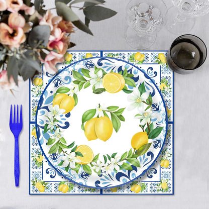 100 Pieces Mediterranean Citrus Party Tableware Set – Blue White Lemon Plates, Napkins and Forks, Disposable Dinnerware for Summer Birthday, Bridal Shower, Tea Party and Garden Party Supplies