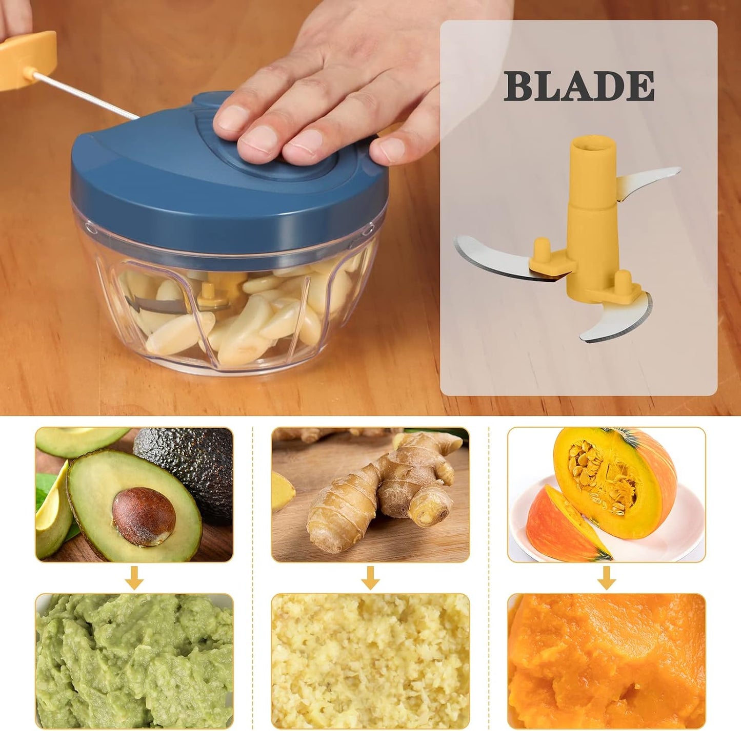 Manual Food Chopper Vegetable Cutter, Hand String Vegetable Chopper Onions Cutter for Vegetable Fruits Nuts BPA Free Food Safe Material, 550ml Yellow