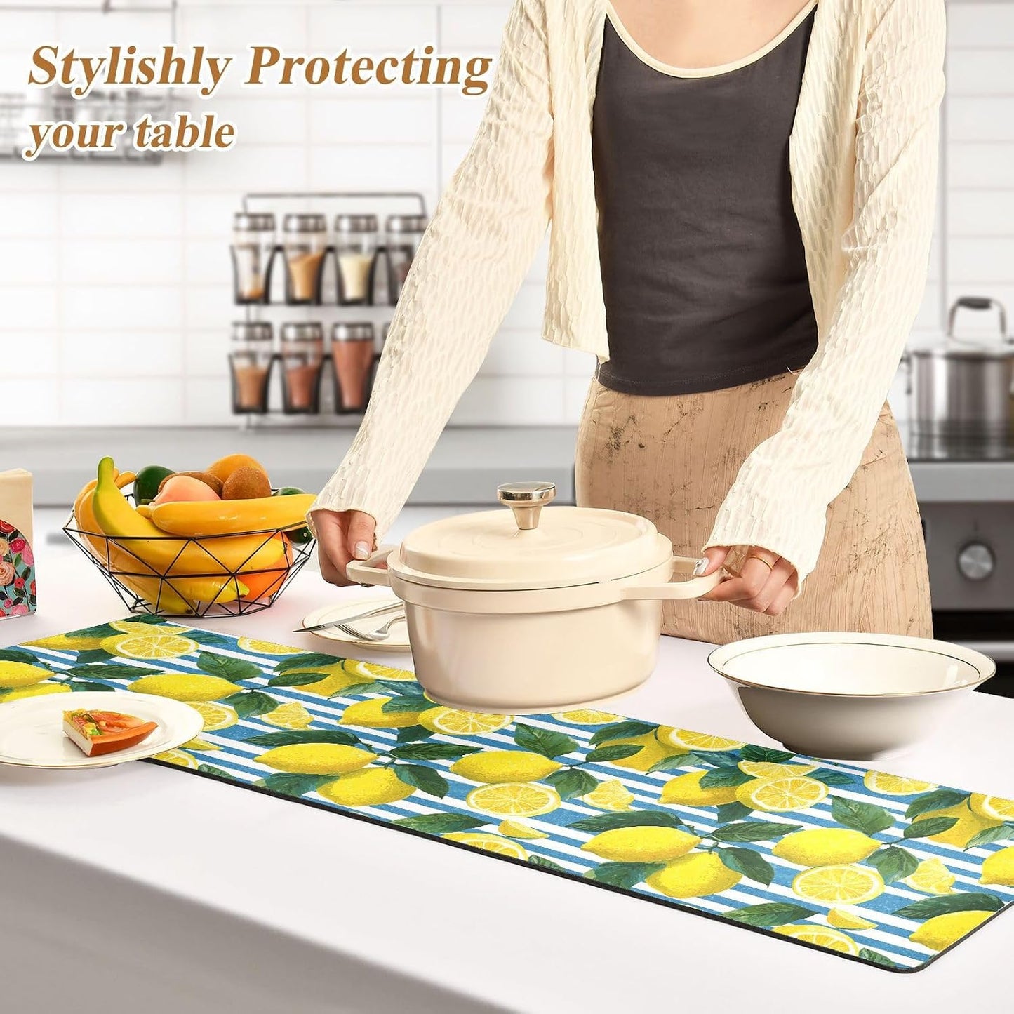 Blue Striped Summer Lemons Trivet Table Runner Heat Resistant 230F for Hot Dishes Pots Plates Kitchen Dining Table Protector Decorative 39.37 X 11.8 Inch