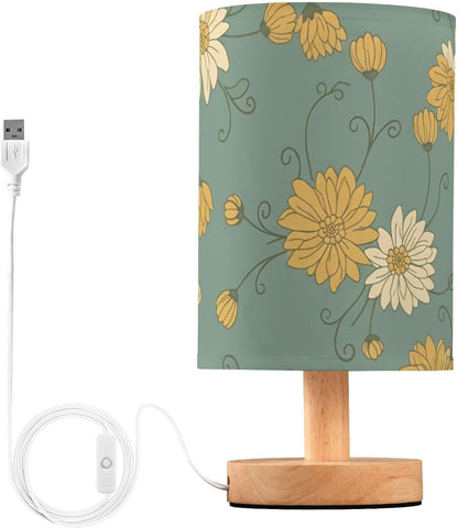 Yellow Flowers Bedside Table Lamp with USB Ports, LED Nightstand Desk Lamp with Flaxen Fabric Shade & Wood Base for Bedroom, Living Room,Office Dorm